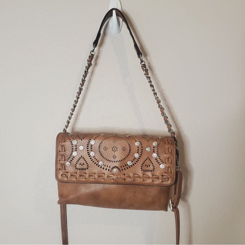 Sam & Hadley Brown fuxa leather Silver studded  crossbody shoulder bag